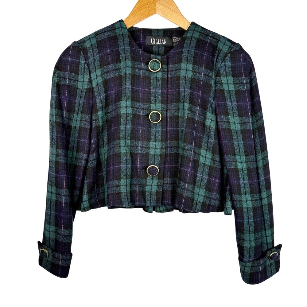Vintage Gillian Wool Blend Cropped Plaid Blazer 4